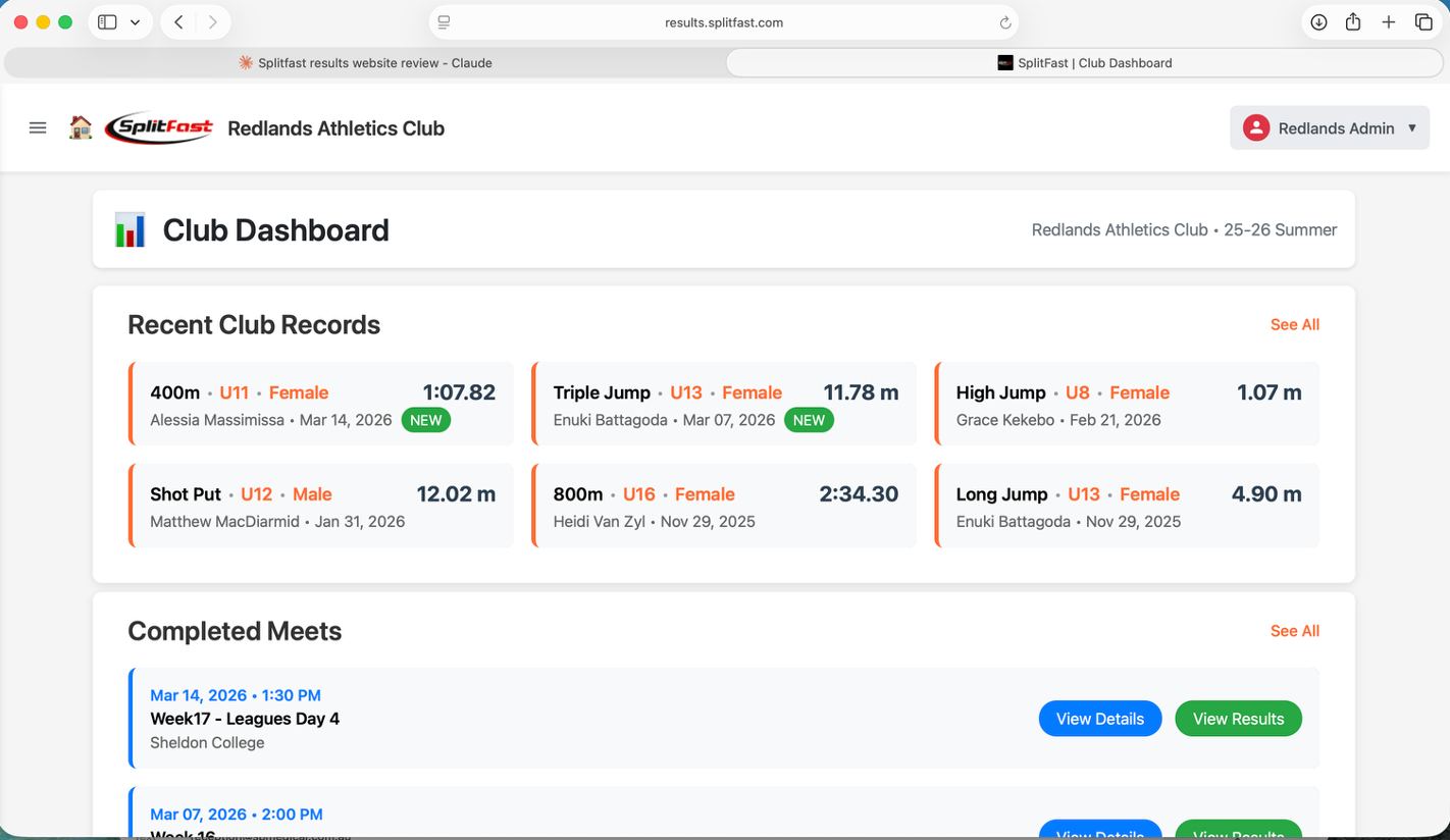 SplitFast Results Portal Club Dashboard showing recent club records, completed meets and upcoming meets